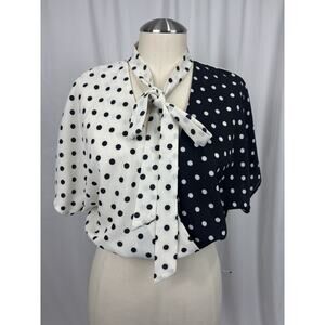 Nasty Gal Polka Dot Tie Neck Short Sleeve Top Black White V-Neck Size 2